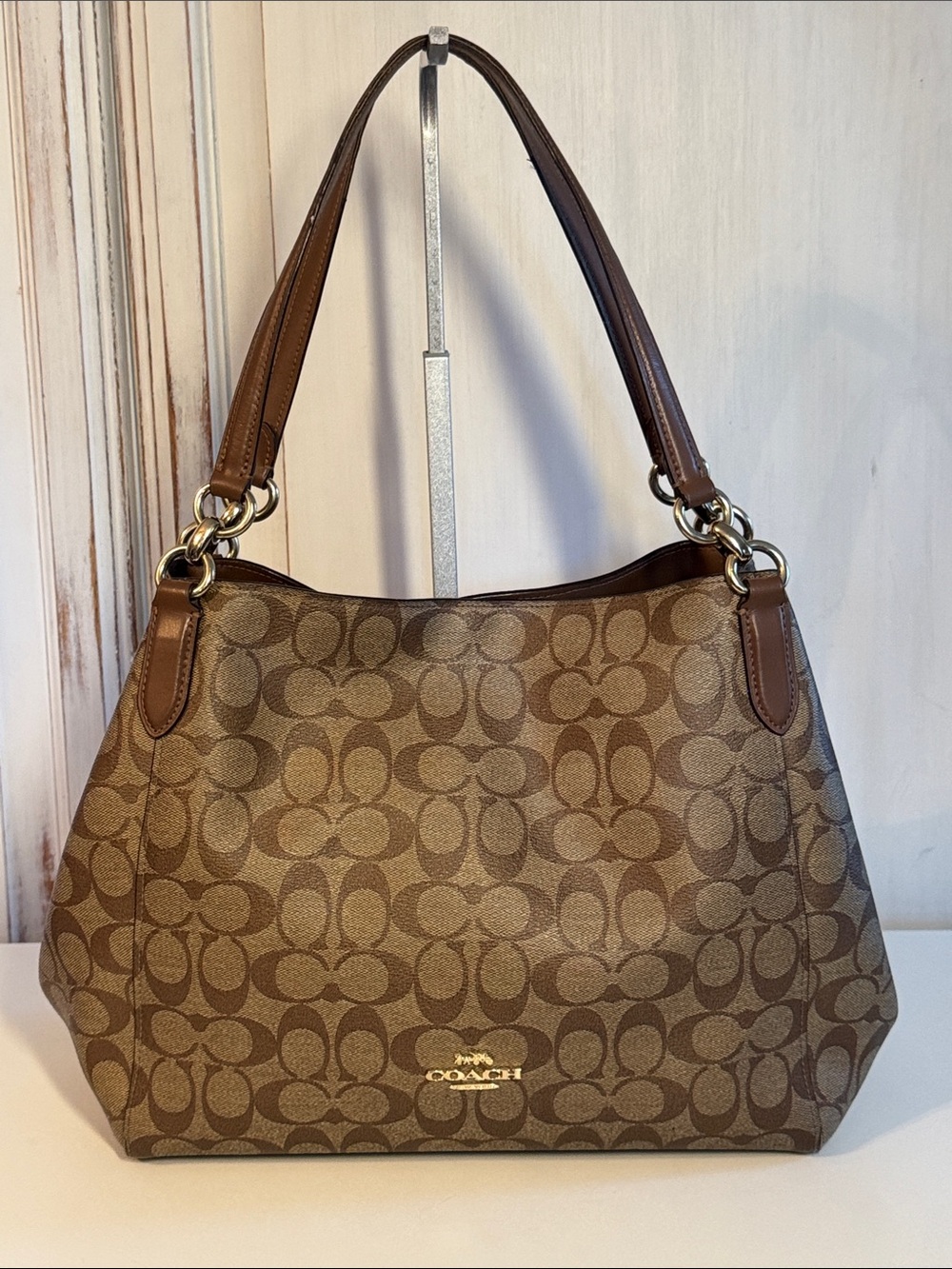 Coach Hallie Shoulder Bag In Signature Canvas Brown -